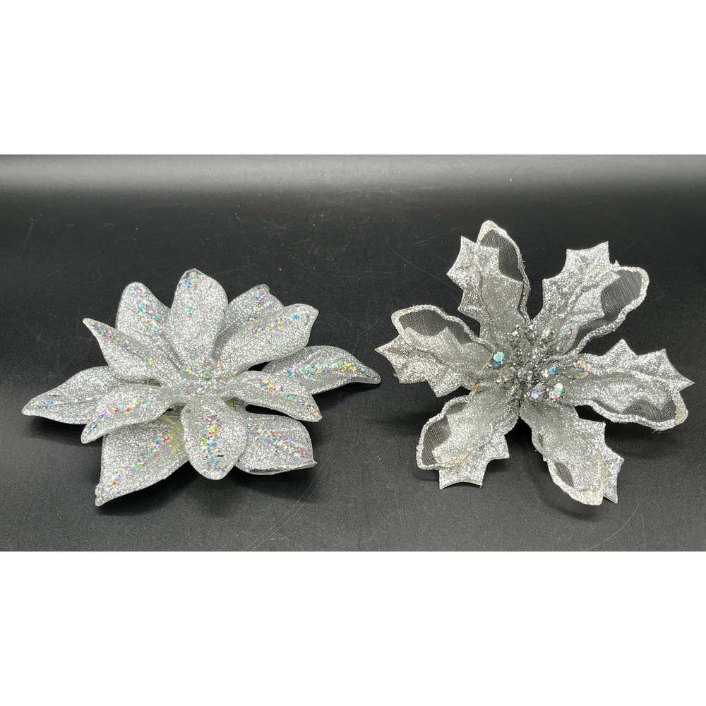 Vtg Silver Glitter Christmas Ornaments Poinsettia Holly Clip On Hanging 2‎ As Is